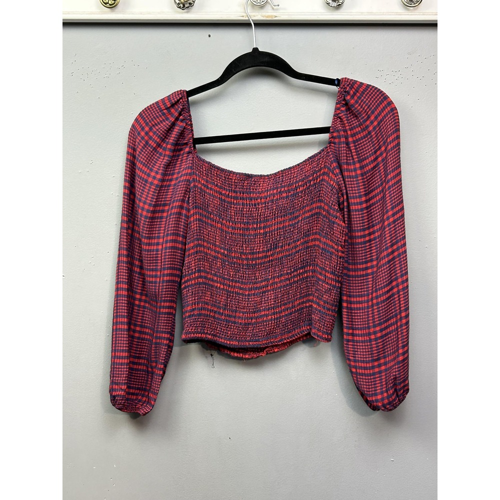 Abercrombie & Fitch Top Womens Medium Red Navy Plaid Smocked Cropped Square Neck